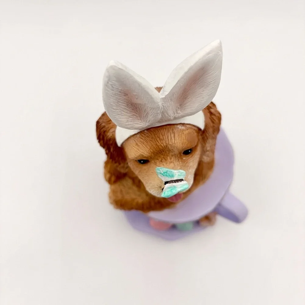Easter Puppy in Teacup Figurine Bunny Ears Butterfly Lavender Resin Pastel‎